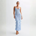 Women’s Celestial Blue Shimmer Knit Halter Maxi Dress – 3D Rosette Backless Evening Gown for Weddings, Cocktail Parties & Formal Events