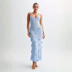 Women’s Celestial Blue Shimmer Knit Halter Maxi Dress – 3D Rosette Backless Evening Gown for Weddings, Cocktail Parties & Formal Events