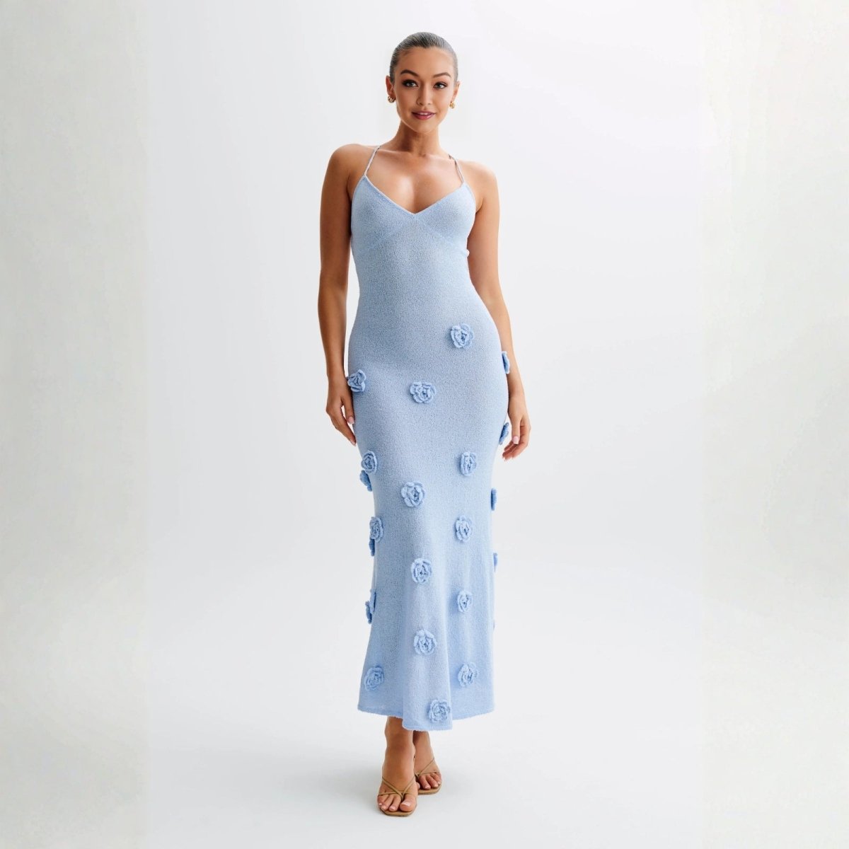 Women’s Celestial Blue Shimmer Knit Halter Maxi Dress – 3D Rosette Backless Evening Gown for Weddings, Cocktail Parties & Formal Events