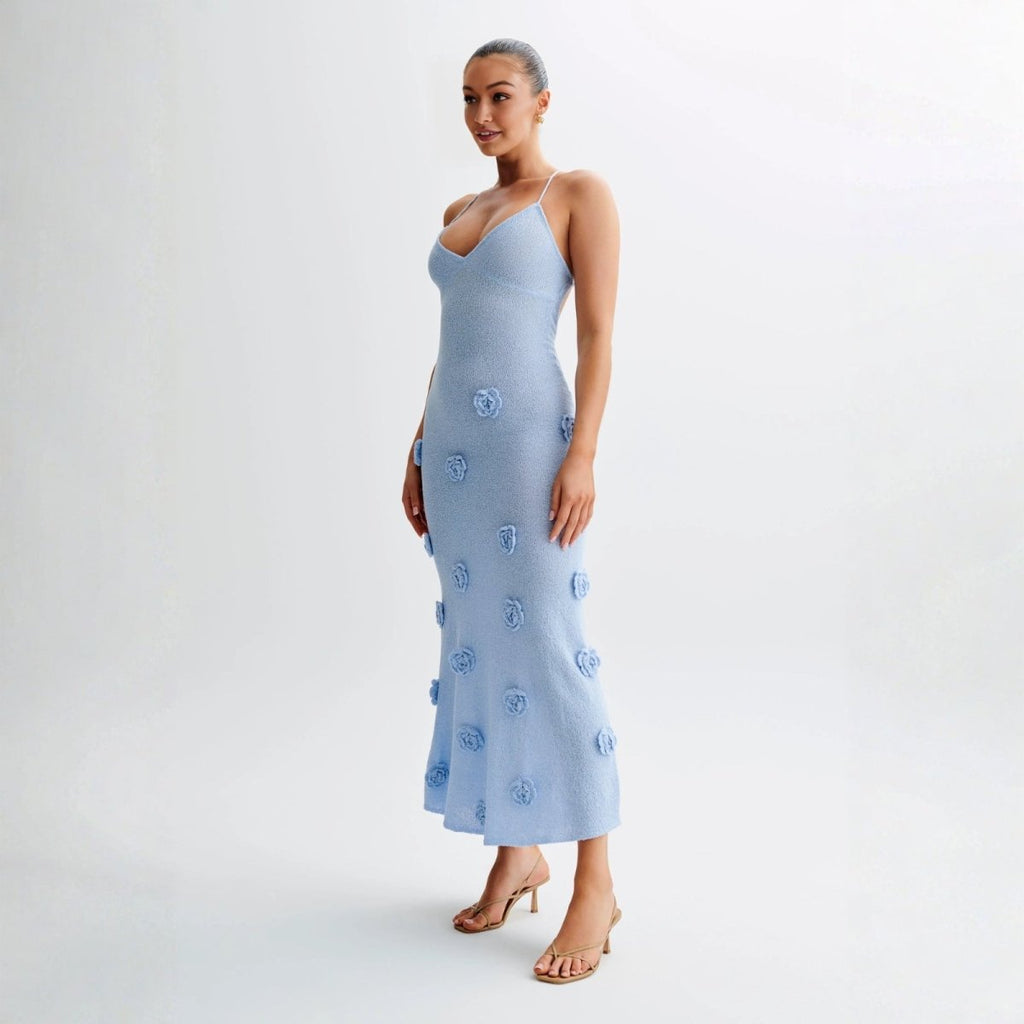 Women’s Celestial Blue Shimmer Knit Halter Maxi Dress – 3D Rosette Backless Evening Gown for Weddings, Cocktail Parties & Formal Events