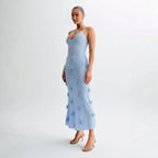 Women’s Celestial Blue Shimmer Knit Halter Maxi Dress – 3D Rosette Backless Evening Gown for Weddings, Cocktail Parties & Formal Events