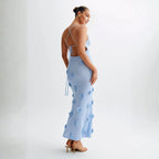 Women’s Celestial Blue Shimmer Knit Halter Maxi Dress – 3D Rosette Backless Evening Gown for Weddings, Cocktail Parties & Formal Events