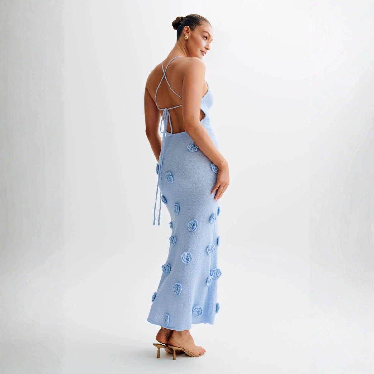 Women’s Celestial Blue Shimmer Knit Halter Maxi Dress – 3D Rosette Backless Evening Gown for Weddings, Cocktail Parties & Formal Events