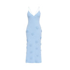 Women’s Celestial Blue Shimmer Knit Halter Maxi Dress – 3D Rosette Backless Evening Gown for Weddings, Cocktail Parties & Formal Events