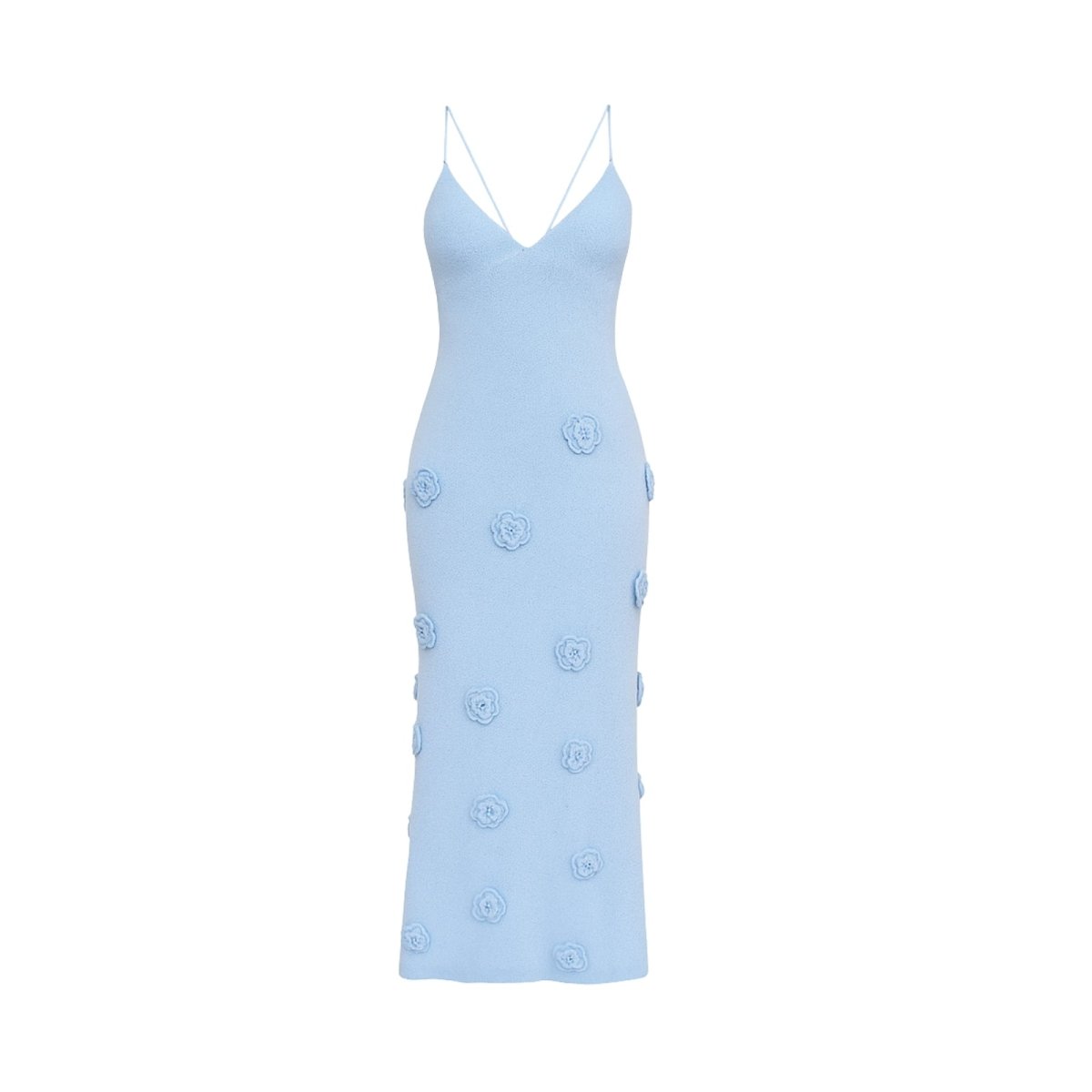 Women’s Celestial Blue Shimmer Knit Halter Maxi Dress – 3D Rosette Backless Evening Gown for Weddings, Cocktail Parties & Formal Events