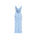 Women’s Celestial Blue Shimmer Knit Halter Maxi Dress – 3D Rosette Backless Evening Gown for Weddings, Cocktail Parties & Formal Events