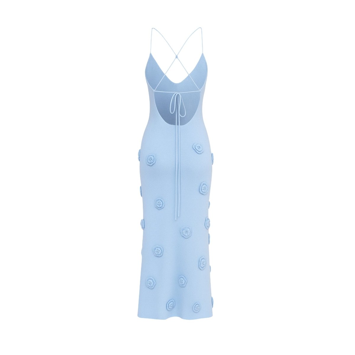 Women’s Celestial Blue Shimmer Knit Halter Maxi Dress – 3D Rosette Backless Evening Gown for Weddings, Cocktail Parties & Formal Events