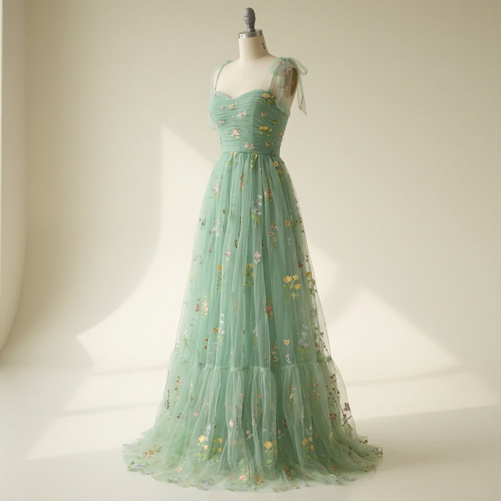 Mint Green Tea-Length Party Dress – Adjustable Strap Tulle Formal Dress for Weddings & Prom