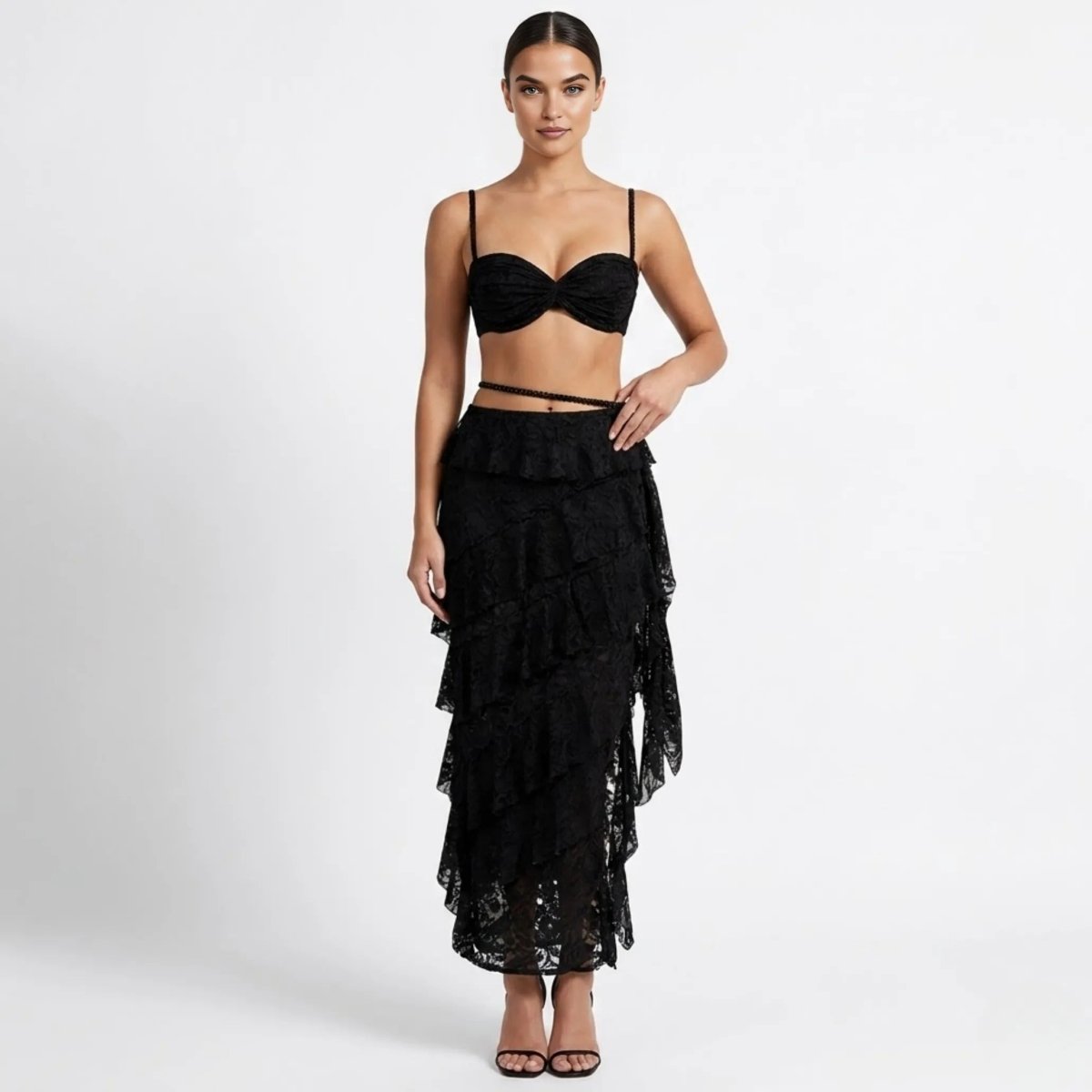 Altheira Lace Corset Two-Piece Set – Tiered Guipure Bustier & Cascading Maxi Skirt