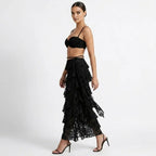 Altheira Lace Corset Two-Piece Set – Tiered Guipure Bustier & Cascading Maxi Skirt