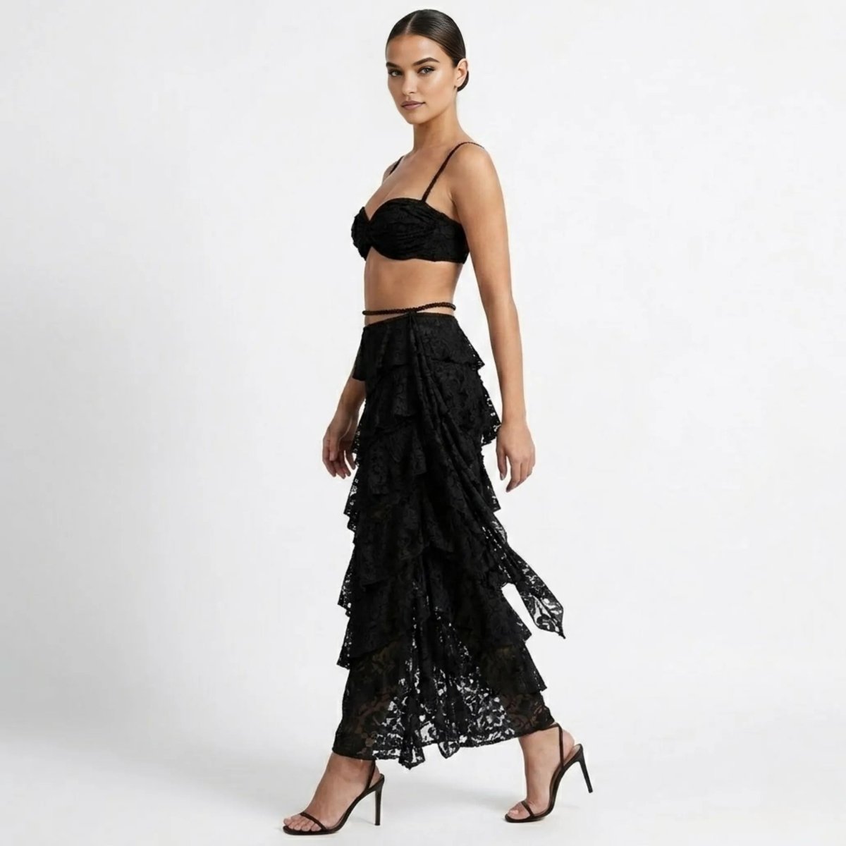 Altheira Lace Corset Two-Piece Set – Tiered Guipure Bustier & Cascading Maxi Skirt