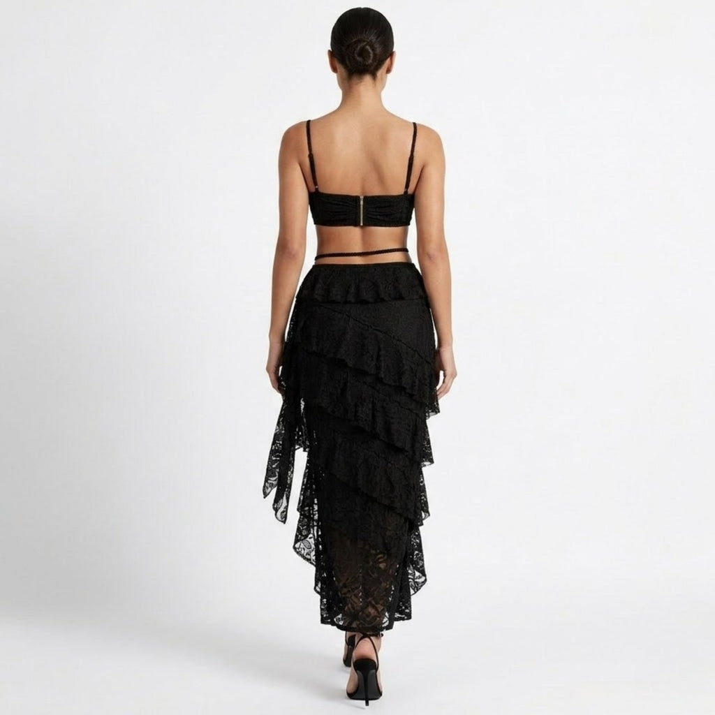 Altheira Lace Corset Two-Piece Set – Tiered Guipure Bustier & Cascading Maxi Skirt