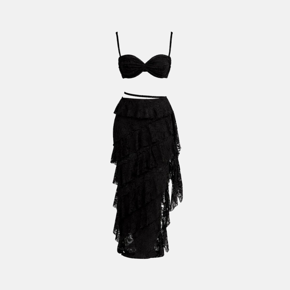 Altheira Lace Corset Two-Piece Set – Tiered Guipure Bustier & Cascading Maxi Skirt
