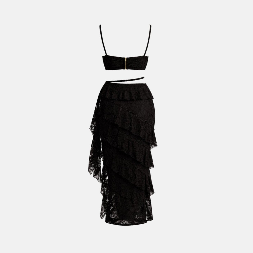 Altheira Lace Corset Two-Piece Set – Tiered Guipure Bustier & Cascading Maxi Skirt