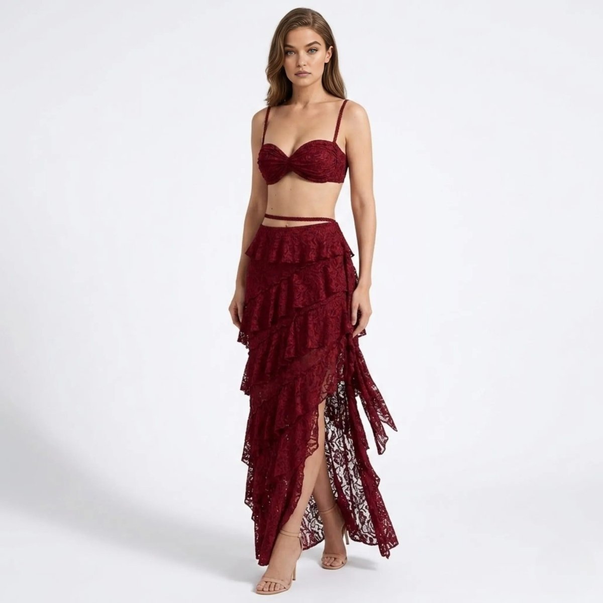 Altheira Lace Corset Two-Piece Set – Tiered Guipure Bustier & Cascading Maxi Skirt