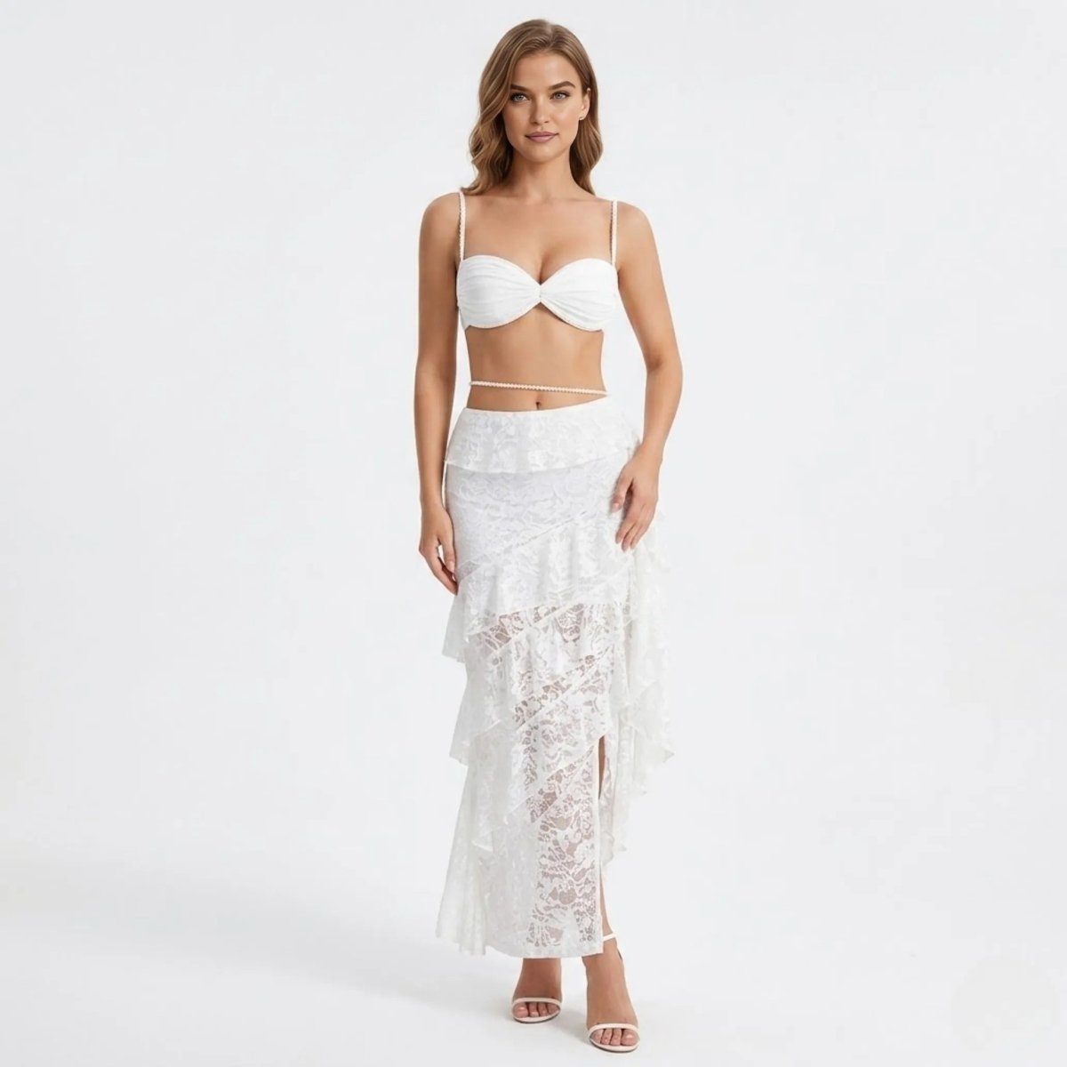 Altheira Lace Corset Two-Piece Set – Tiered Guipure Bustier & Cascading Maxi Skirt