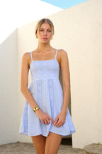 Floral Lace Overlay Spaghetti Strap Fit & Flare Mini Dress in Baby Blue
