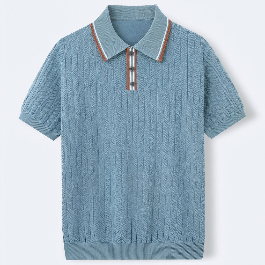 Men’s Textured Knit Polo Shirt – Vintage Style Ribbed Stretch Smart Casual To