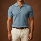 Men’s Textured Knit Polo Shirt – Vintage Style Ribbed Stretch Smart Casual To