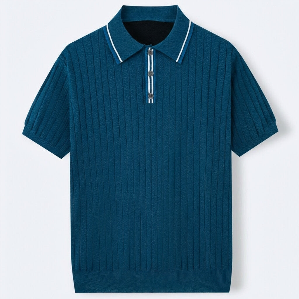 Men’s Textured Knit Polo Shirt – Vintage Style Ribbed Stretch Smart Casual To