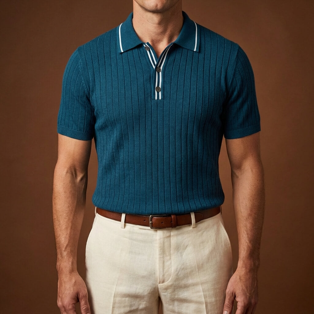 Men’s Textured Knit Polo Shirt – Vintage Style Ribbed Stretch Smart Casual To