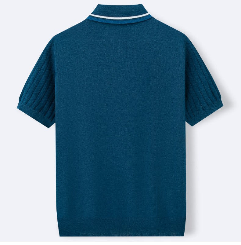 Men’s Textured Knit Polo Shirt – Vintage Style Ribbed Stretch Smart Casual To