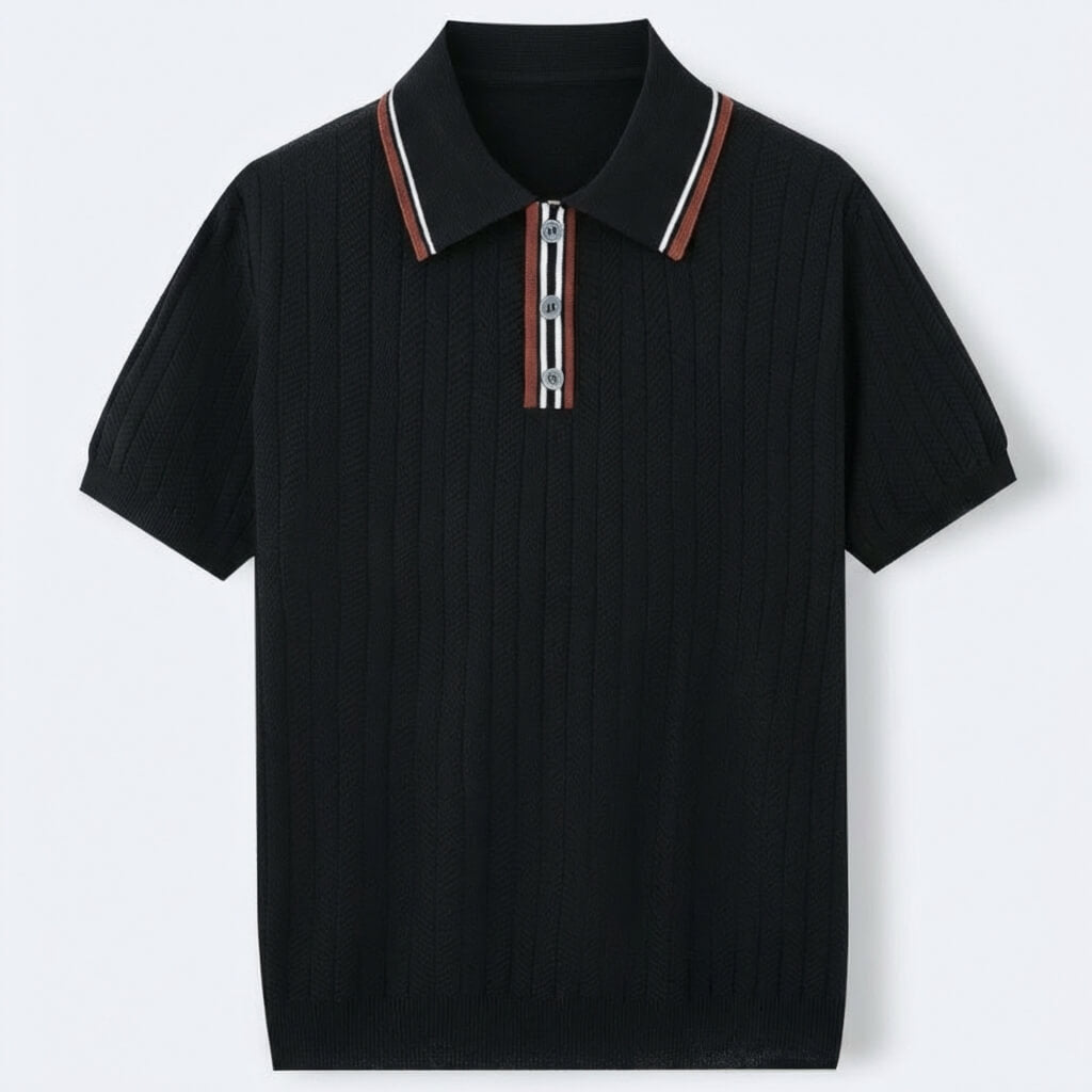 Men’s Textured Knit Polo Shirt – Vintage Style Ribbed Stretch Smart Casual To