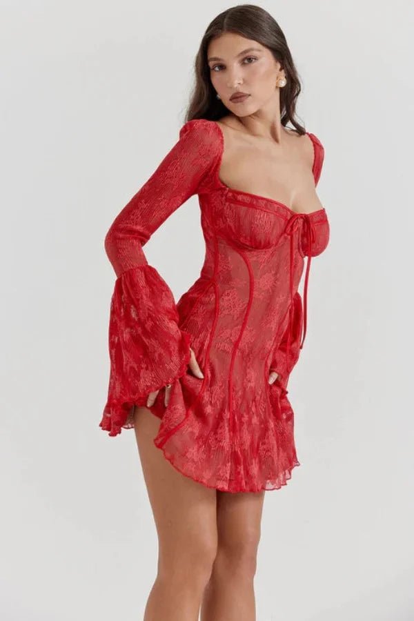 Women’s Crimson Lace Corset Mini Dress – Floral Devoré Bell Sleeve Bodycon Party Dress for Date Night, Cocktail & Special Occasions