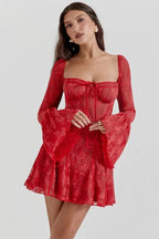 Women’s Crimson Lace Corset Mini Dress – Floral Devoré Bell Sleeve Bodycon Party Dress for Date Night, Cocktail & Special Occasions