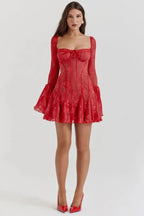 Women’s Crimson Lace Corset Mini Dress – Floral Devoré Bell Sleeve Bodycon Party Dress for Date Night, Cocktail & Special Occasions