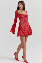 Women’s Crimson Lace Corset Mini Dress – Floral Devoré Bell Sleeve Bodycon Party Dress for Date Night, Cocktail & Special Occasions