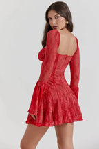 Women’s Crimson Lace Corset Mini Dress – Floral Devoré Bell Sleeve Bodycon Party Dress for Date Night, Cocktail & Special Occasions
