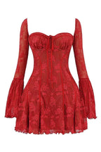 Women’s Crimson Lace Corset Mini Dress – Floral Devoré Bell Sleeve Bodycon Party Dress for Date Night, Cocktail & Special Occasions