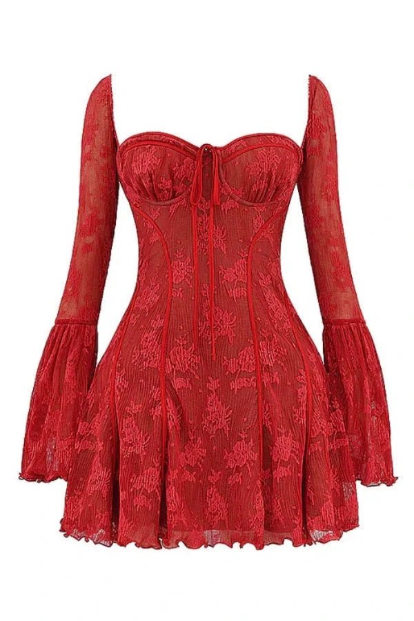 Women’s Crimson Lace Corset Mini Dress – Floral Devoré Bell Sleeve Bodycon Party Dress for Date Night, Cocktail & Special Occasions