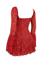 Women’s Crimson Lace Corset Mini Dress – Floral Devoré Bell Sleeve Bodycon Party Dress for Date Night, Cocktail & Special Occasions