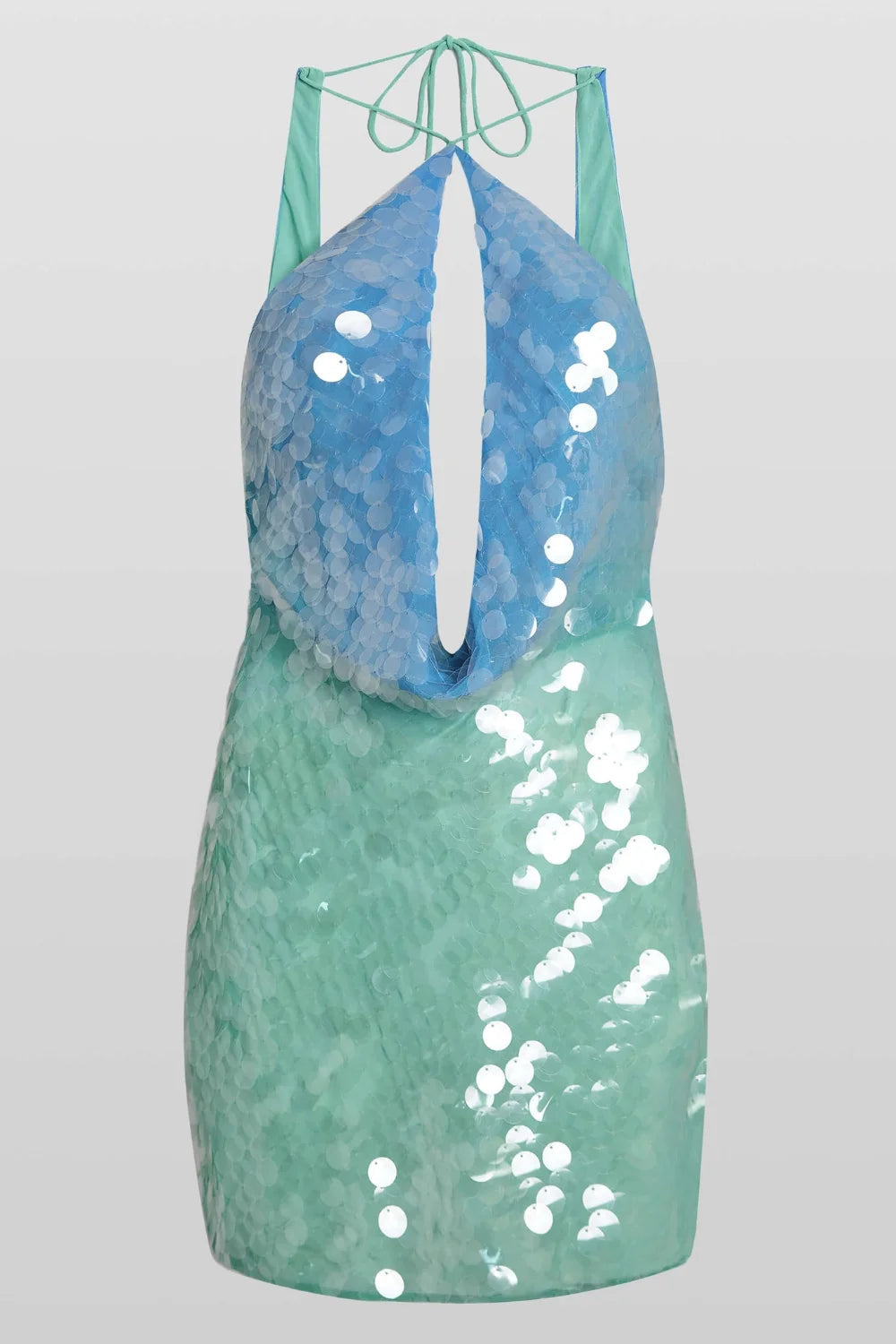 Women’s Amber Iridescent Sequin Halter Mini Dress – Azure Seafoam Ombre Plunge Keyhole Party Dress for Night Out, Cocktail & Luxury Evening Events