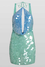 Women’s Amber Iridescent Sequin Halter Mini Dress – Azure Seafoam Ombre Plunge Keyhole Party Dress for Night Out, Cocktail & Luxury Evening Events
