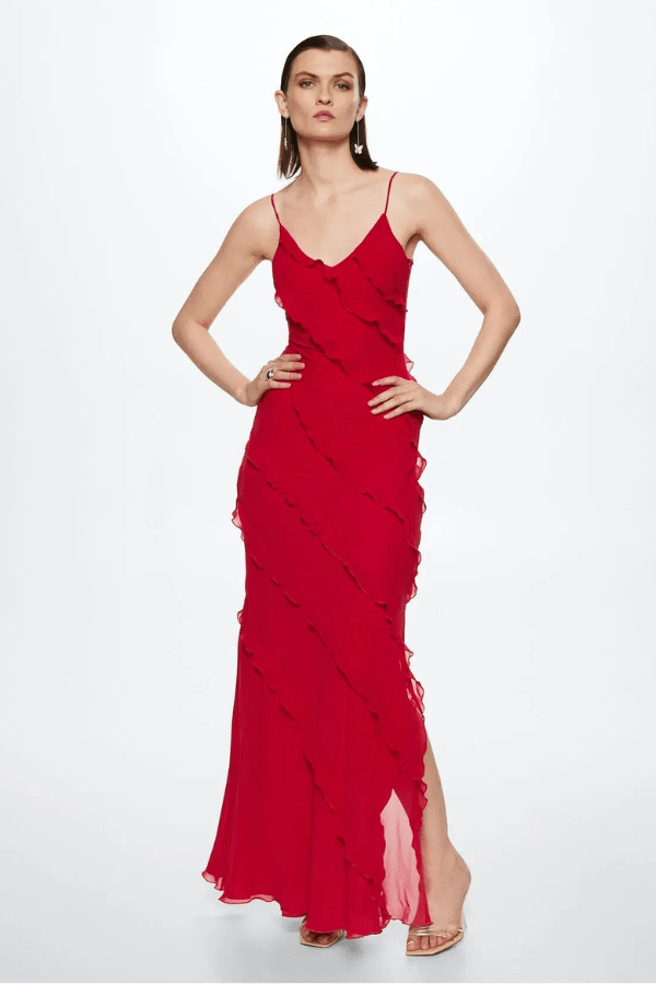 Women’s Ruffle Zip Long Dress – Elegant Bodycon Maxi Dress with Cascading Ruffles & Slim Fit Silhouette for Weddings, Parties & Evening Wear