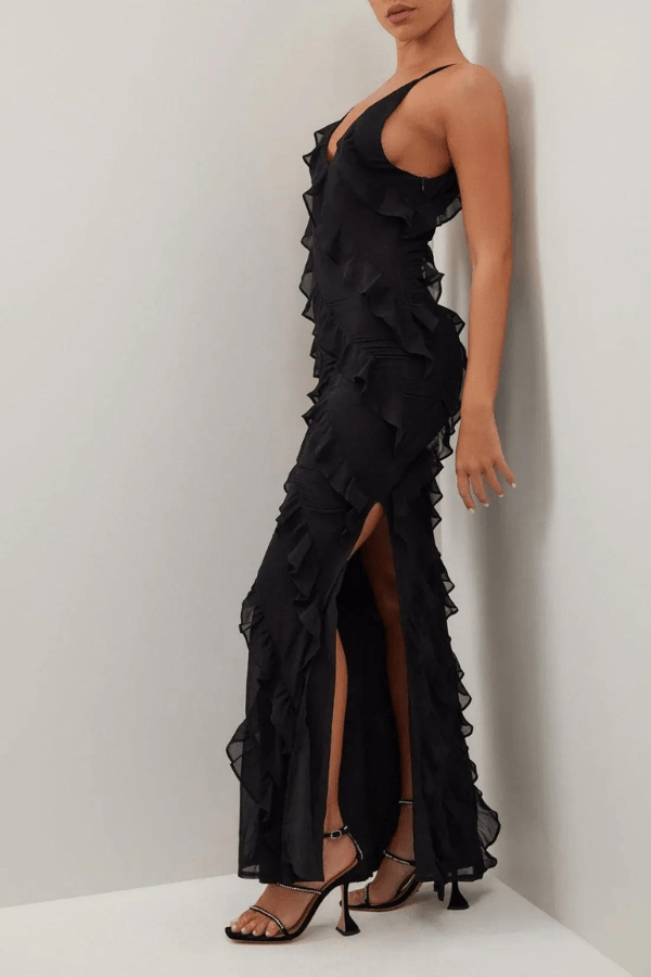 Women’s Ruffle Zip Long Dress – Elegant Bodycon Maxi Dress with Cascading Ruffles & Slim Fit Silhouette for Weddings, Parties & Evening Wear
