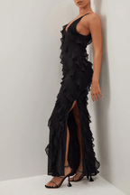 Women’s Ruffle Zip Long Dress – Elegant Bodycon Maxi Dress with Cascading Ruffles & Slim Fit Silhouette for Weddings, Parties & Evening Wear