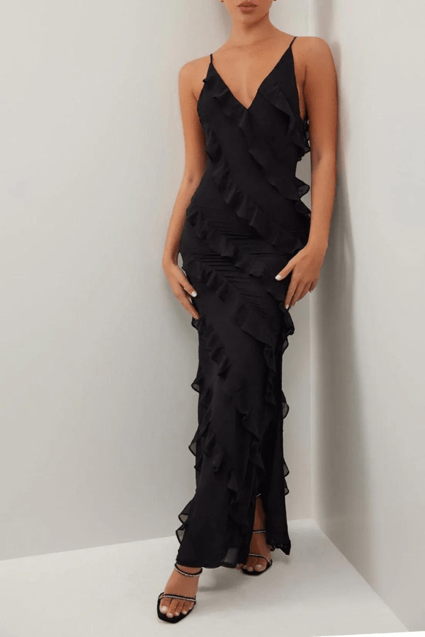 Women’s Ruffle Zip Long Dress – Elegant Bodycon Maxi Dress with Cascading Ruffles & Slim Fit Silhouette for Weddings, Parties & Evening Wear