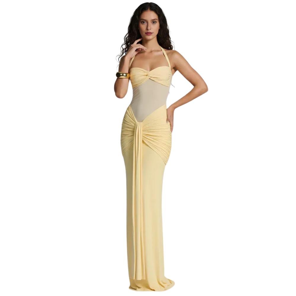 Women’s Lemon Sorbet Halter Maxi Dress – Ruched Stretch Jersey Gown with Sheer Mesh Panel for Weddings, Gala & Sunset Evening Events