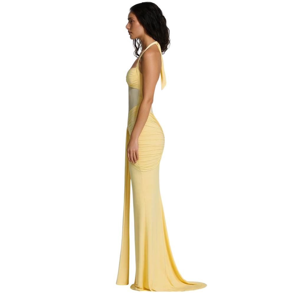 Women’s Lemon Sorbet Halter Maxi Dress – Ruched Stretch Jersey Gown with Sheer Mesh Panel for Weddings, Gala & Sunset Evening Events