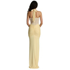 Women’s Lemon Sorbet Halter Maxi Dress – Ruched Stretch Jersey Gown with Sheer Mesh Panel for Weddings, Gala & Sunset Evening Events