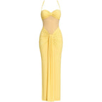 Women’s Lemon Sorbet Halter Maxi Dress – Ruched Stretch Jersey Gown with Sheer Mesh Panel for Weddings, Gala & Sunset Evening Events