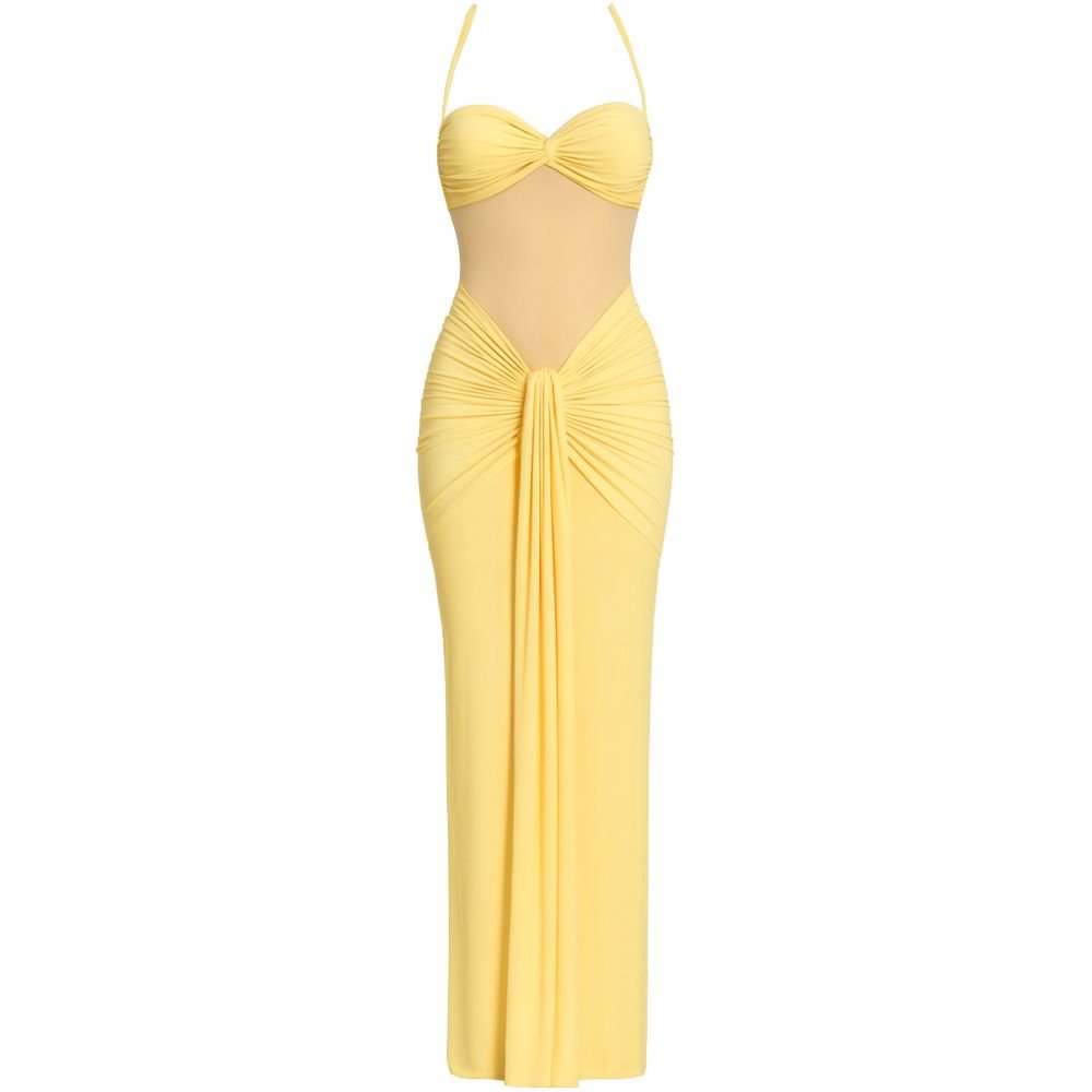 Women’s Lemon Sorbet Halter Maxi Dress – Ruched Stretch Jersey Gown with Sheer Mesh Panel for Weddings, Gala & Sunset Evening Events