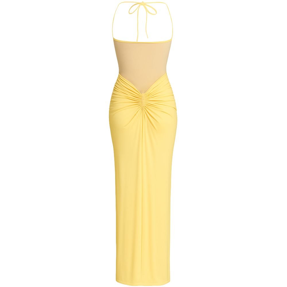 Women’s Lemon Sorbet Halter Maxi Dress – Ruched Stretch Jersey Gown with Sheer Mesh Panel for Weddings, Gala & Sunset Evening Events