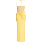 Women’s Lemon Sorbet Halter Maxi Dress – Ruched Stretch Jersey Gown with Sheer Mesh Panel for Weddings, Gala & Sunset Evening Events