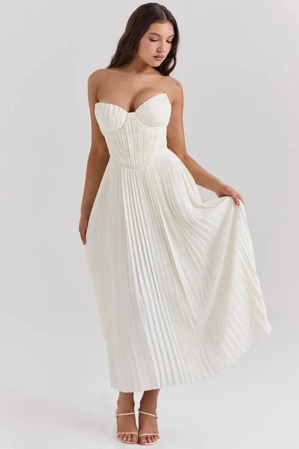 Women’s Anaflor Corset Pleated Midi Dress – Sweetheart Neck Boned Bustier Plissé Skirt Elegant Evening & Occasion Dress for Weddings & Events