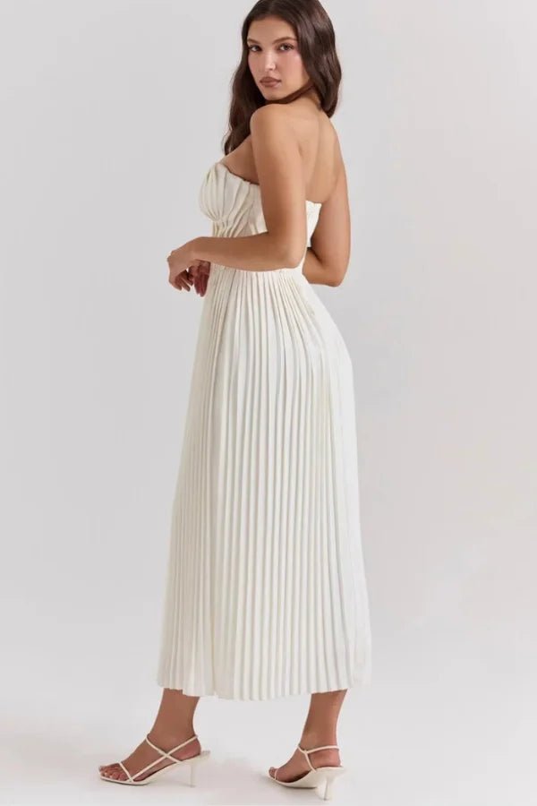 Women’s Anaflor Corset Pleated Midi Dress – Sweetheart Neck Boned Bustier Plissé Skirt Elegant Evening & Occasion Dress for Weddings & Events